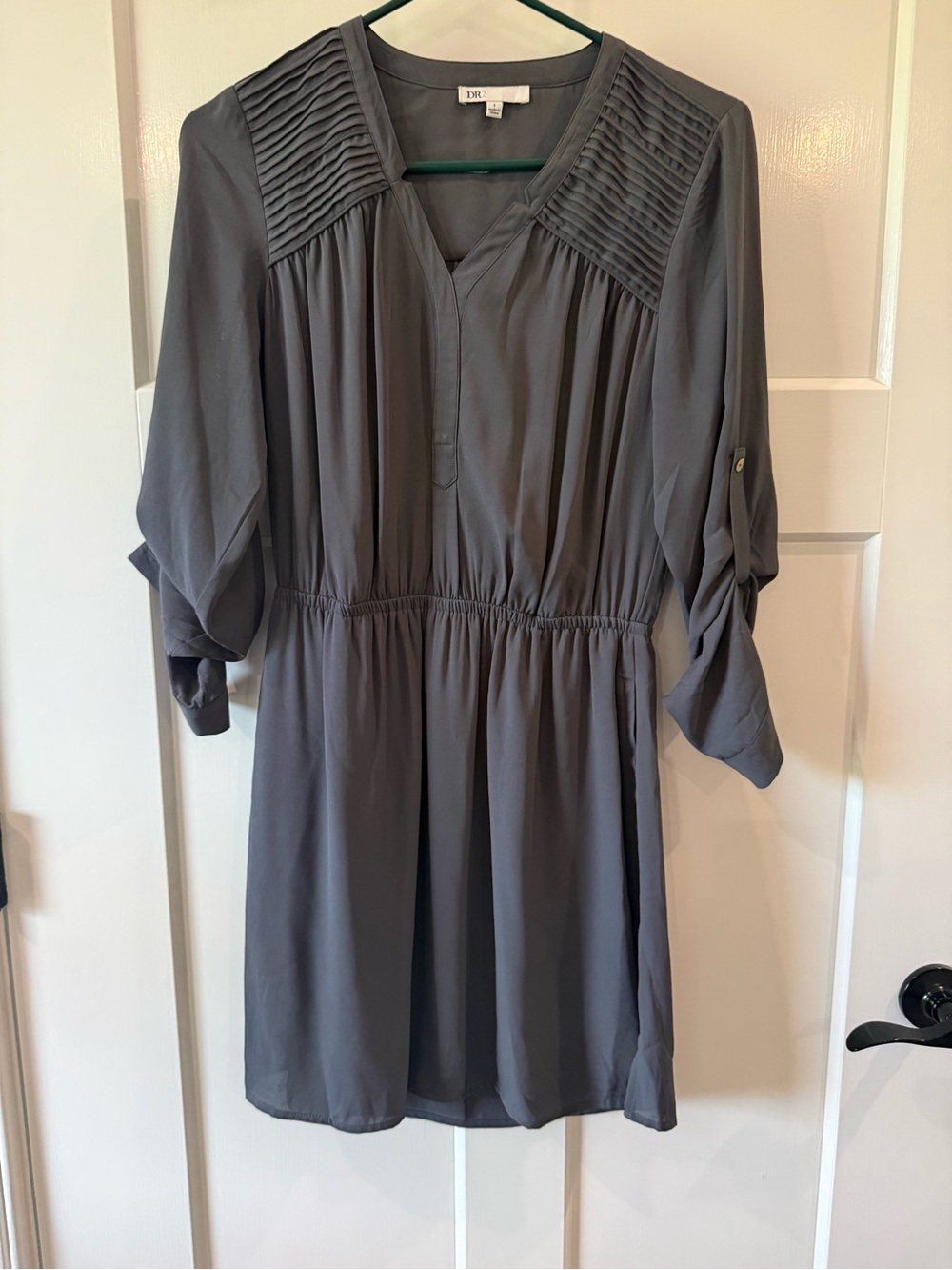 DR2 Gray Pintuck Yoke V-Neck Mini Dress